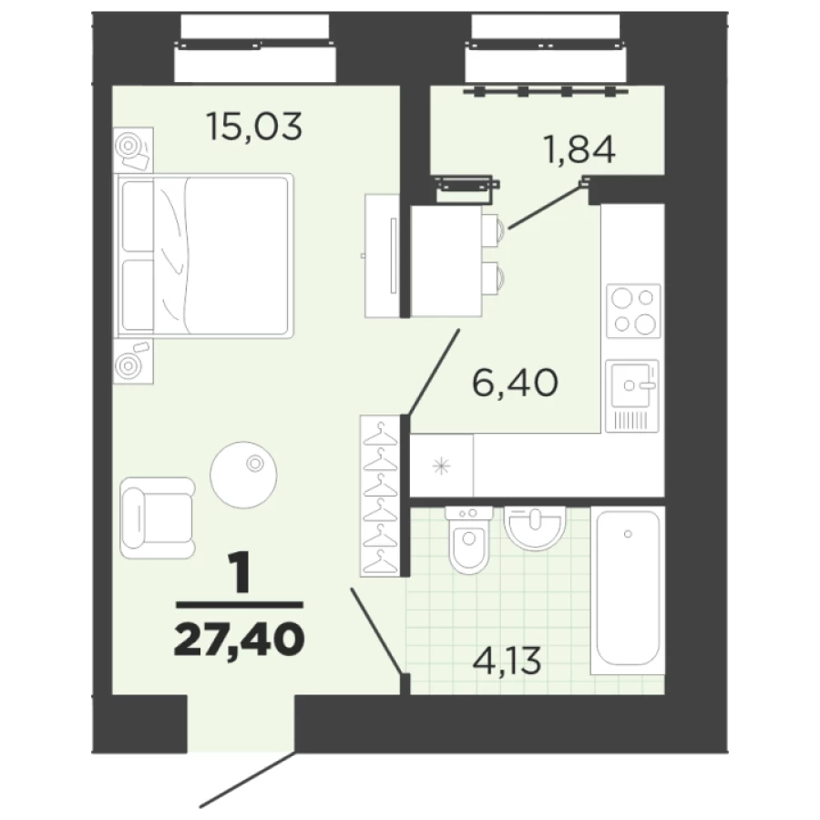 1-ая квартира 28.8 м2 с балконом